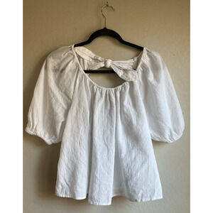 Boho Puff-Sleeve Cutout Tie-Back Swing Blouse for Women Size Medium White Fairy